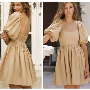 Chic Linen Puff Sleeve Mini Dress in Tan Sz M